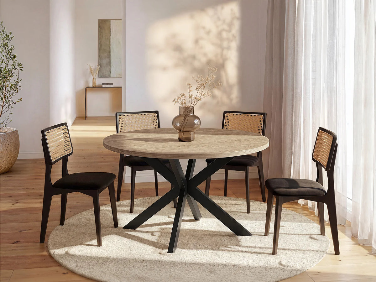 Table à manger ronde Japandi 4 personnes MDF chêne et métal noir Ø 120 cm - Tilki