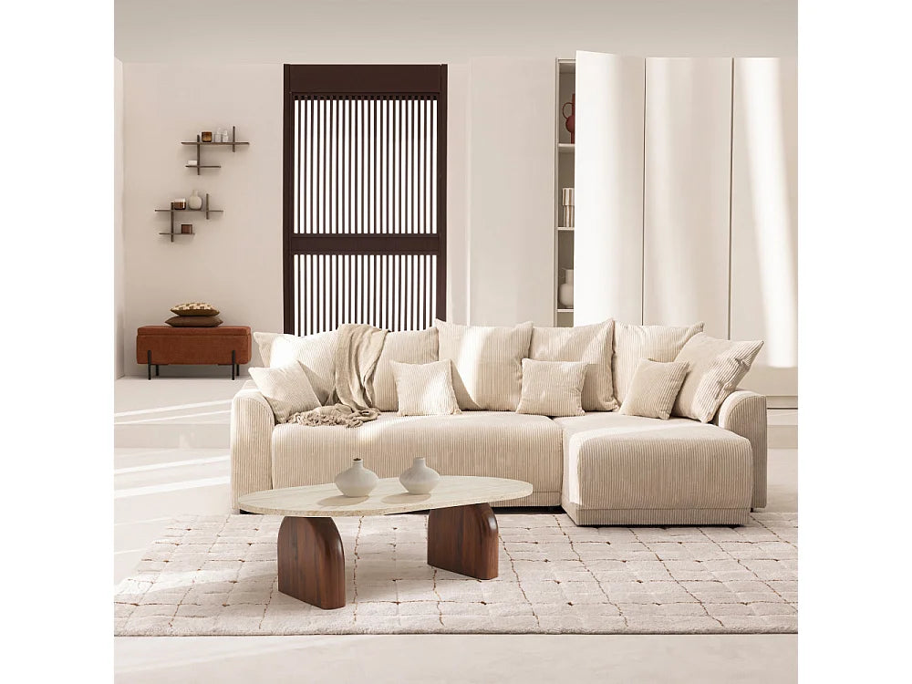 Table basse Japandi effet travertin beige et pieds en acacia 100 x 60 cm - Lipali