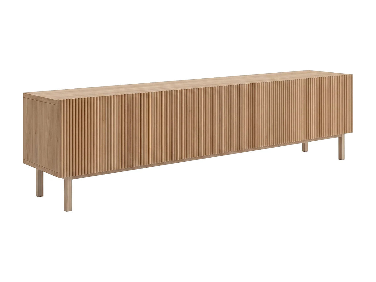 Meuble TV Japandi 2 portes rainurées effet bois naturel clair pieds hêtre 180 x 43,5 cm - Zumeya