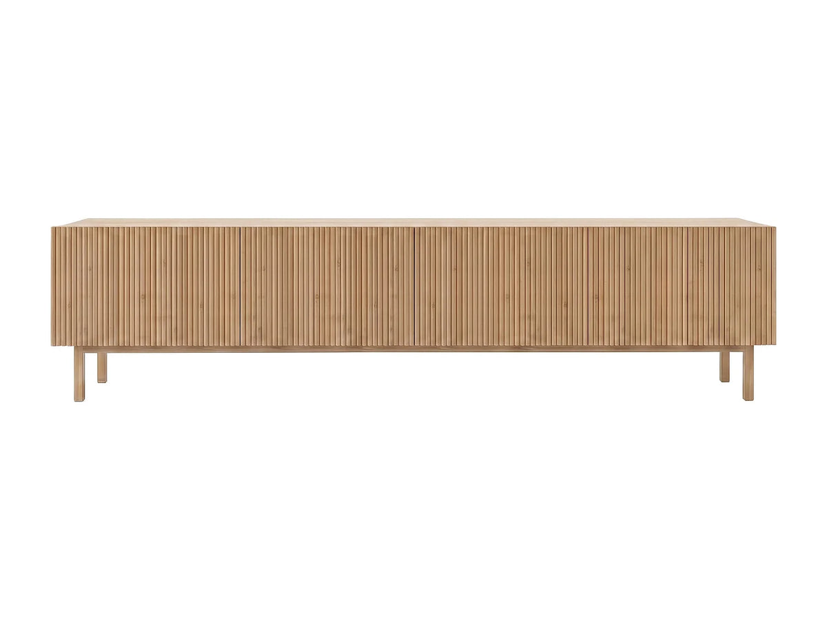 Meuble TV Japandi 2 portes rainurées effet bois naturel clair pieds hêtre 180 x 43,5 cm - Zumeya