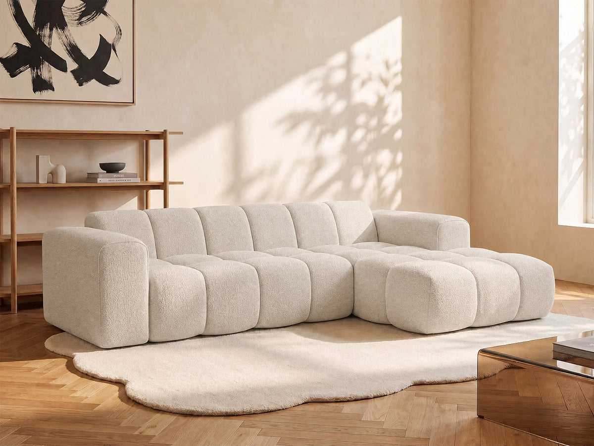 Canapé d'angle Japandi droit 4 places en tissu chenille beige 284 cm - Caleso