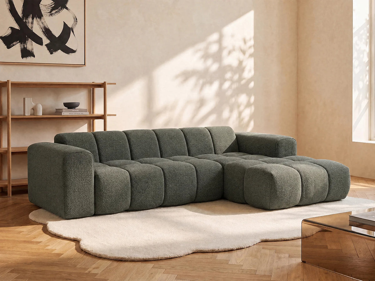 Canapé d'angle Japandi droit 4 places en tissu chenille vert 284 cm - Caleso