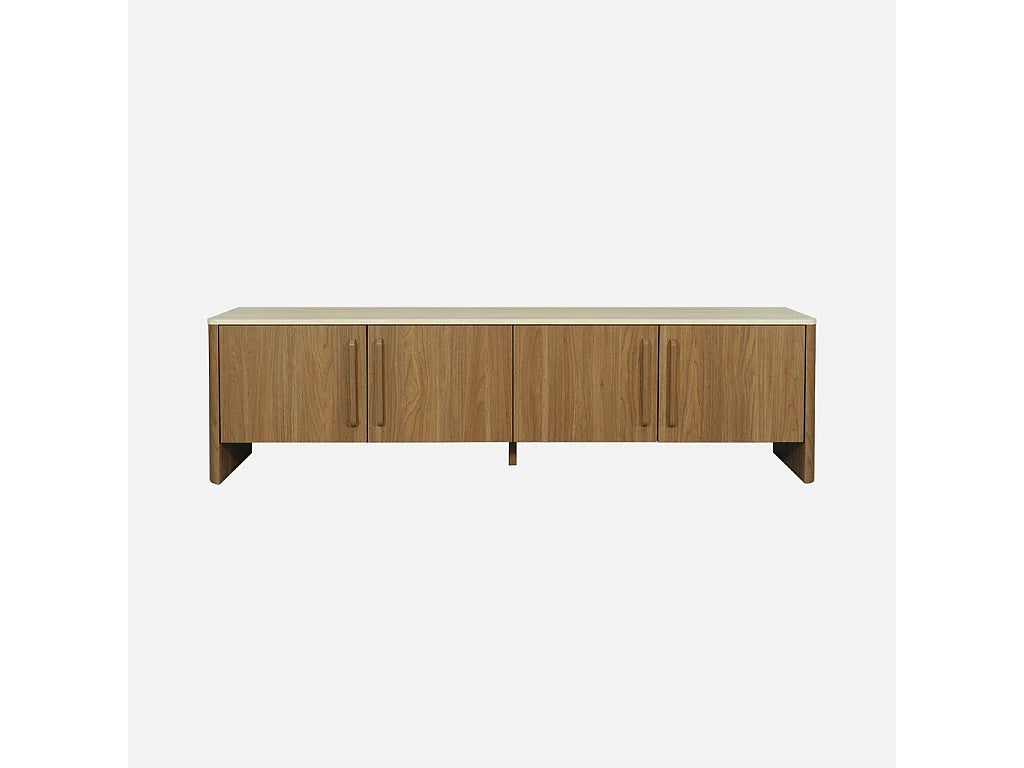 Meuble TV Japandi 4 portes décor noyer et plateau effet travertin 180 x 50 cm - Aretha