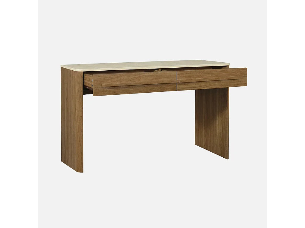 Console Japandi 2 tiroirs décor noyer et effet travertin 120 x 74 cm - Aretha