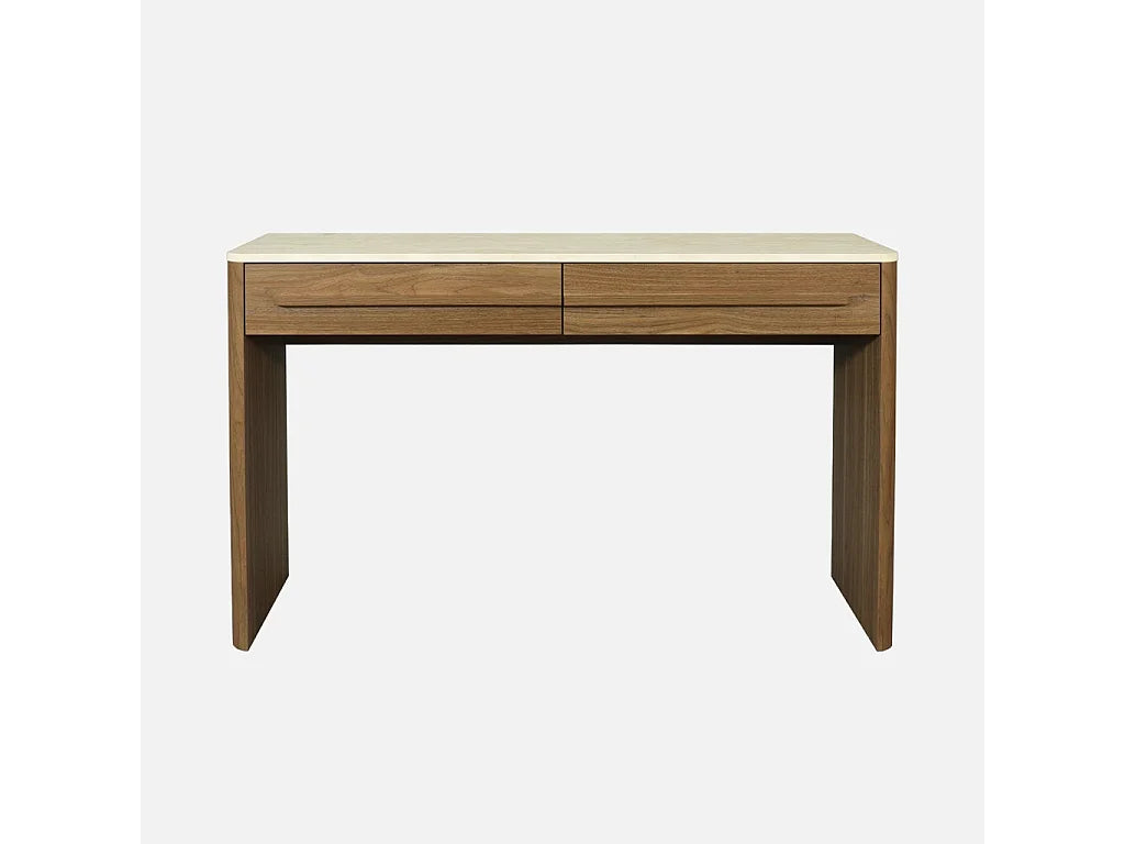 Console Japandi 2 tiroirs décor noyer et effet travertin 120 x 74 cm - Aretha