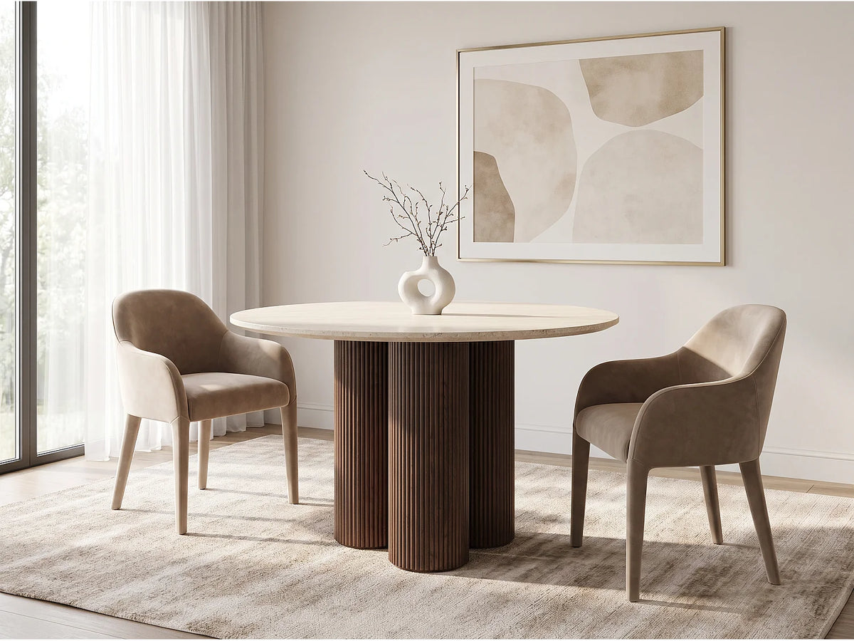 Table à manger ronde Japandi 4 personnes céramique effet travertin et noyer Ø 110 cm - Mia