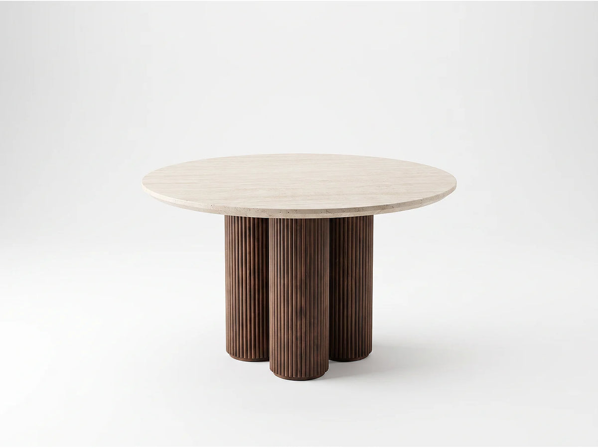 Table à manger ronde Japandi 4 personnes céramique effet travertin et noyer Ø 110 cm - Mia