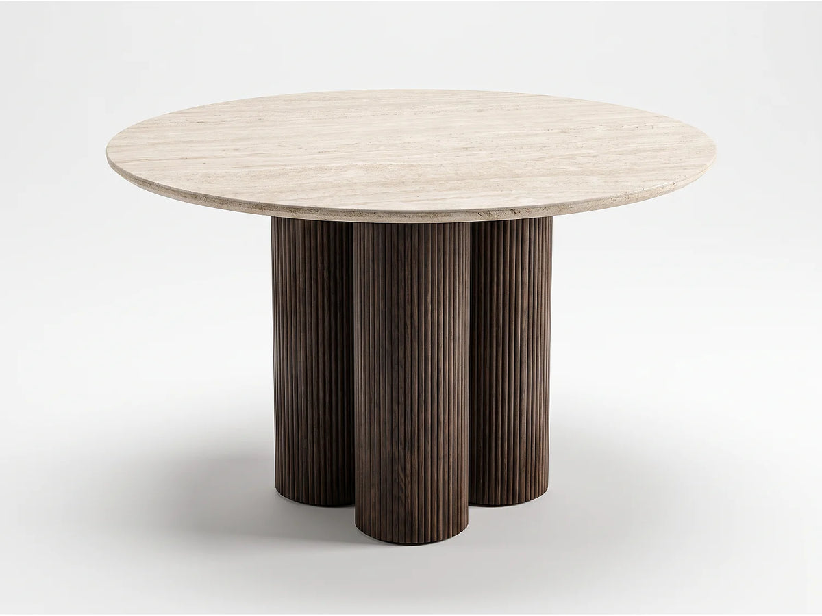 Table à manger ronde Japandi 4 personnes céramique effet travertin et noyer Ø 110 cm - Mia