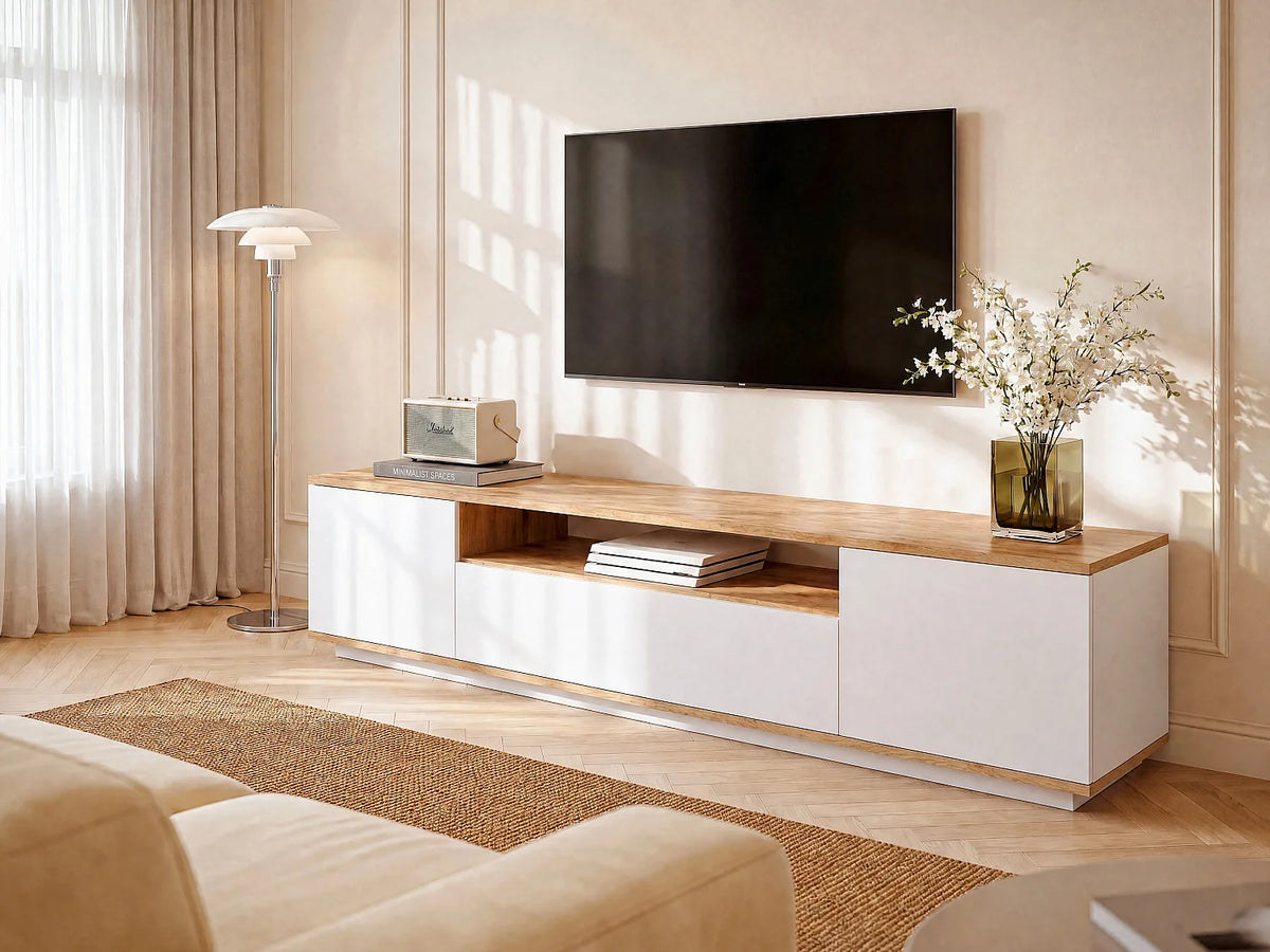 Meuble TV Japandi 3 portes et 1 niche blanc et effet bois naturel 180 x 44,6 cm - Lotula
