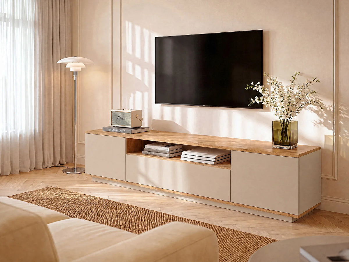 Meuble TV Japandi 3 portes et 1 niche beige et effet bois naturel 180 x 44,6 cm - Lotula