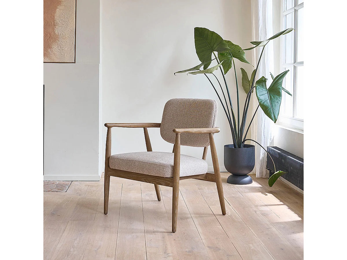 Fauteuil Japandi en bois de chêne massif et tissu texturé beige chiné - Eugène