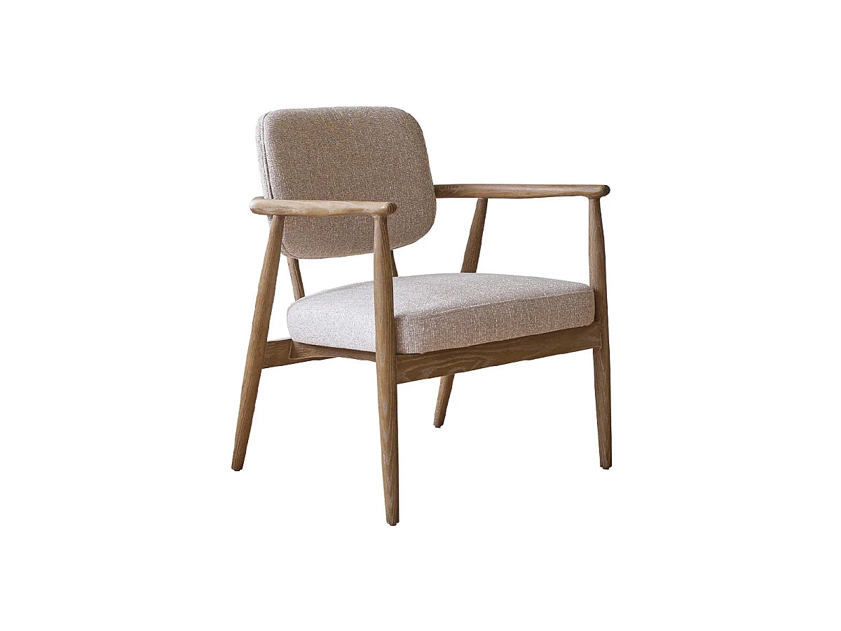 Fauteuil Japandi en bois de chêne massif et tissu texturé beige chiné - Eugène
