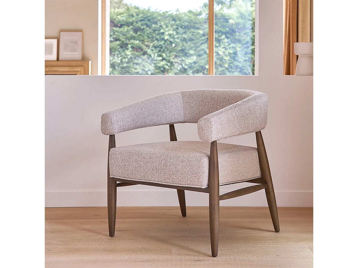 Fauteuil Japandi en bois de hêtre massif et tissu chiné beige - Éloi