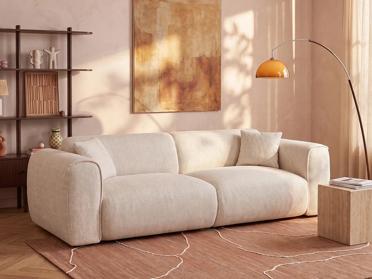 Canapé Japandi 4 places convertible express en tissu texturé beige 236 cm - Pognia
