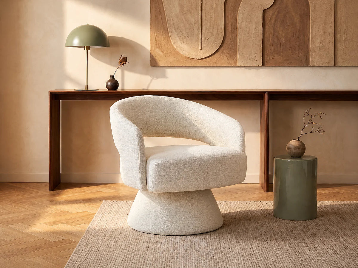 Fauteuil Japandi pivotant en tissu chenille beige - Fedote