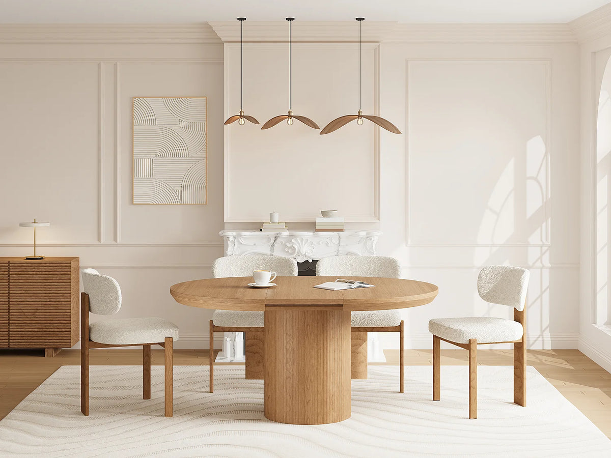 Table à manger ronde Japandi extensible 4 à 6 personnes placage chêne clair Ø 130 cm - Mayeza