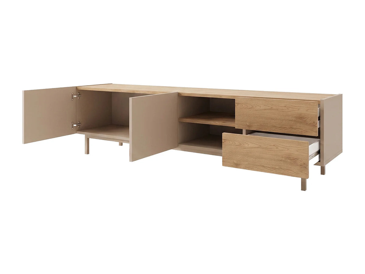 Meuble TV Japandi 2 portes 2 tiroirs et 2 niches beige et naturel clair 180 x 48,5 cm - Reyala