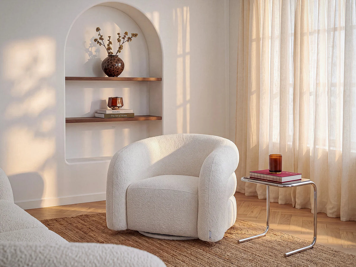 Fauteuil Japandi pivotant en bouclette blanche - Lapiota