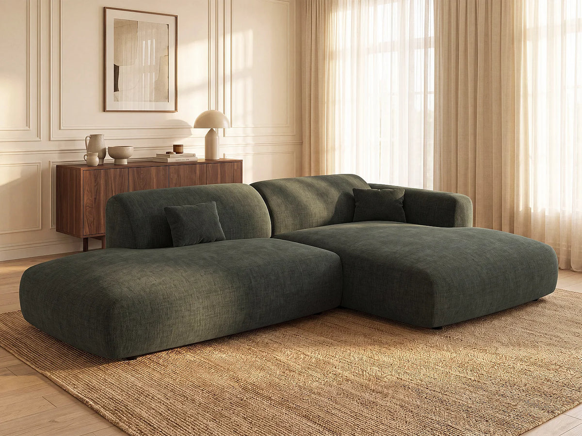 Canapé d'angle Japandi droit ouvert 5 places en tissu vert 300 cm - Pogni