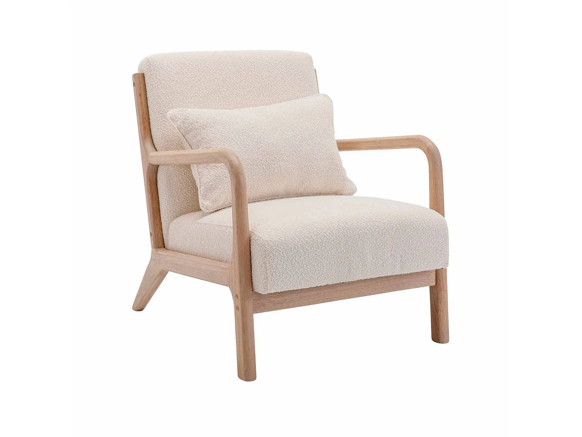 Fauteuil Japandi en bois d'hévéa et bouclette blanche - Lorens