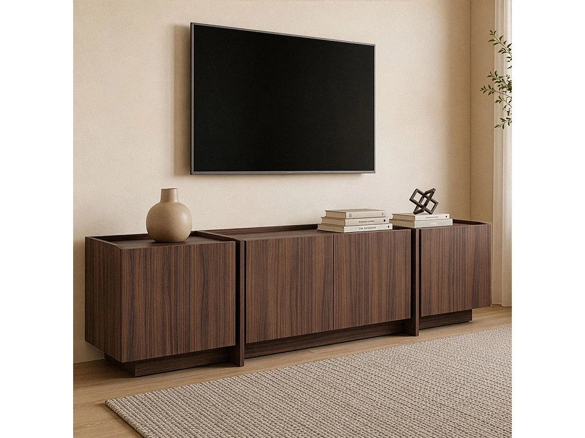 Meuble TV Japandi 4 portes décor noyer 180 x 46 cm - Arven
