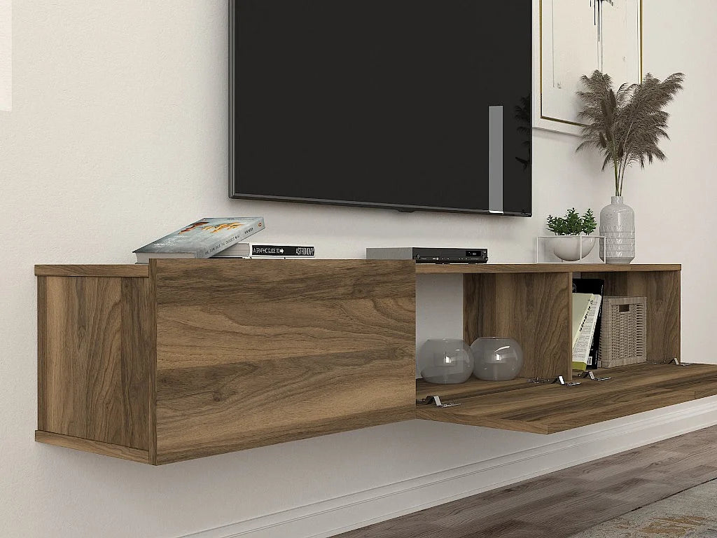Meuble TV Japandi suspendu 3 portes effet bois naturel foncé 180 x 29,5 cm - Vikila