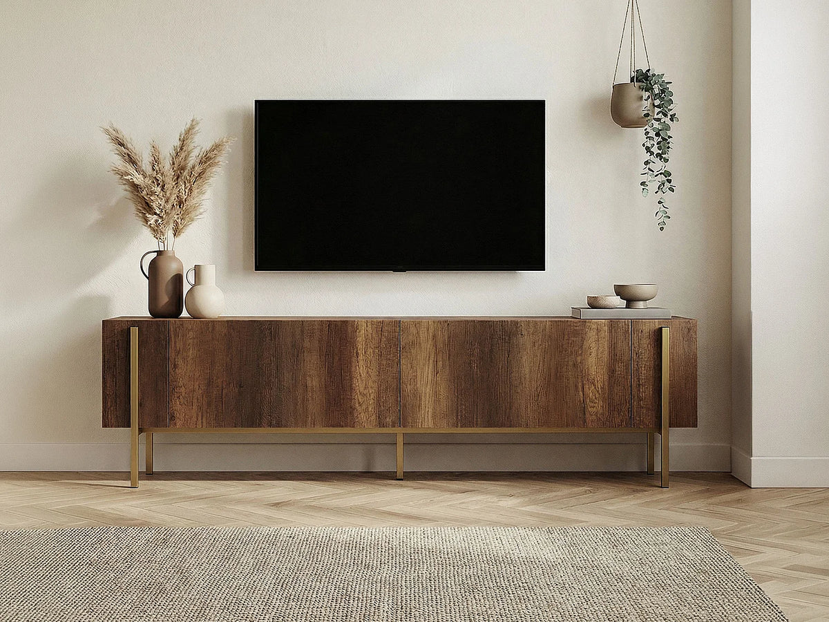 Meuble TV Japandi 2 portes mélaminé naturel foncé et métal doré 180 x 45 cm - Selnia