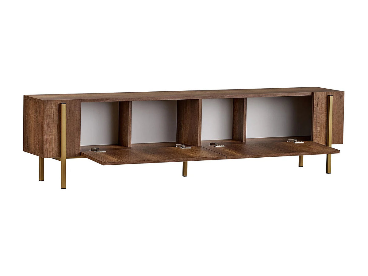 Meuble TV Japandi 2 portes mélaminé naturel foncé et métal doré 180 x 45 cm - Selnia