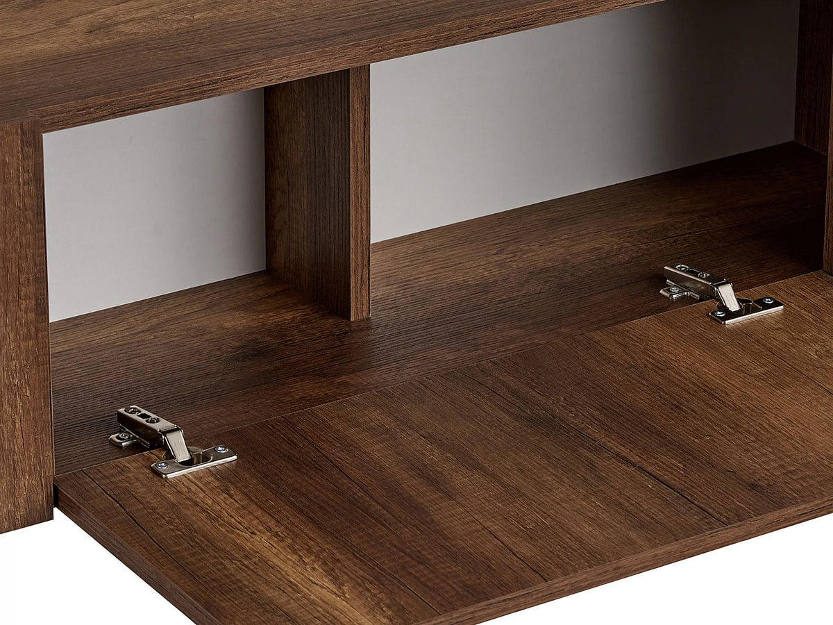 Meuble TV Japandi 2 portes mélaminé naturel foncé et métal doré 180 x 45 cm - Selnia