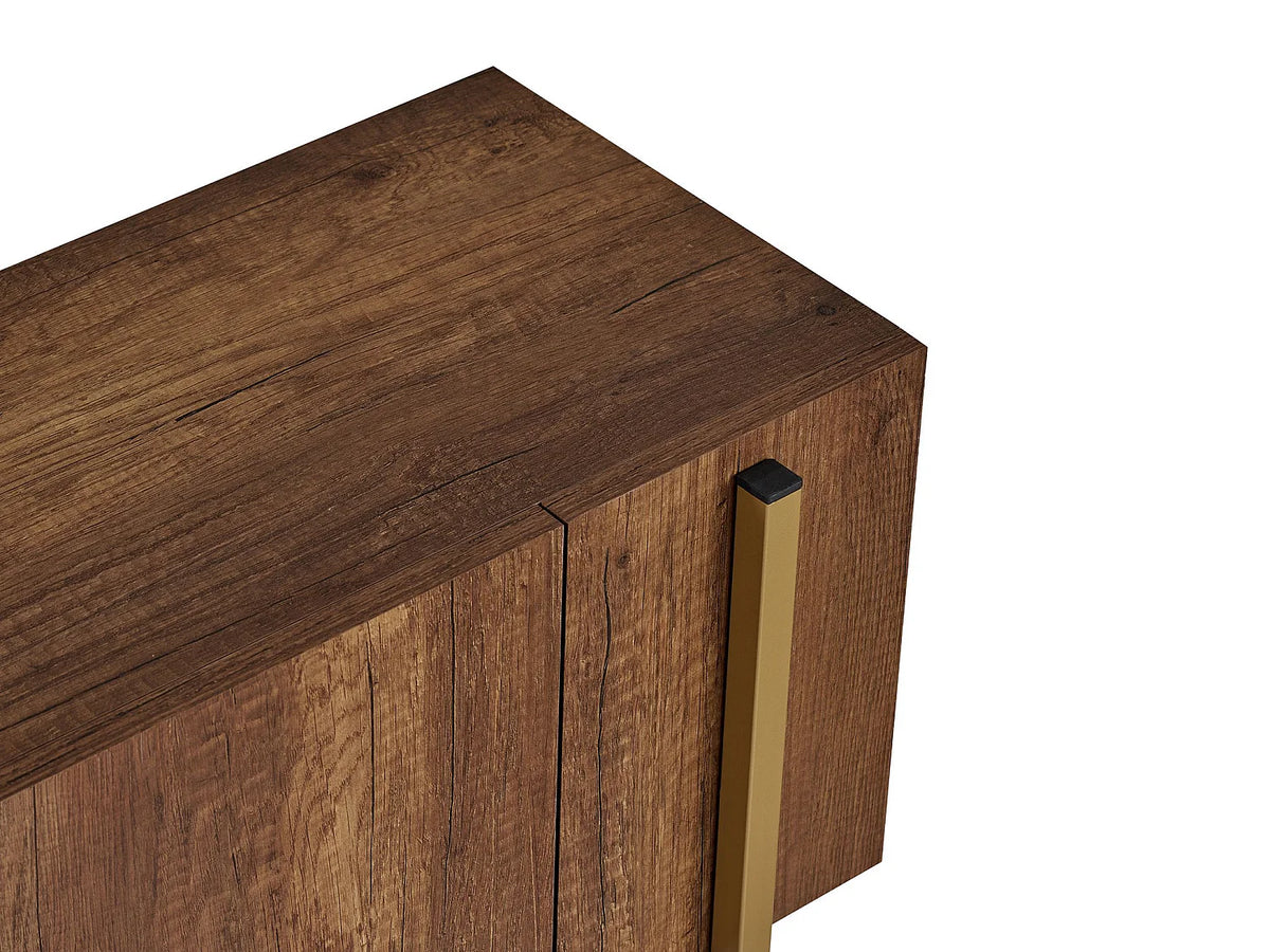 Meuble TV Japandi 2 portes mélaminé naturel foncé et métal doré 180 x 45 cm - Selnia