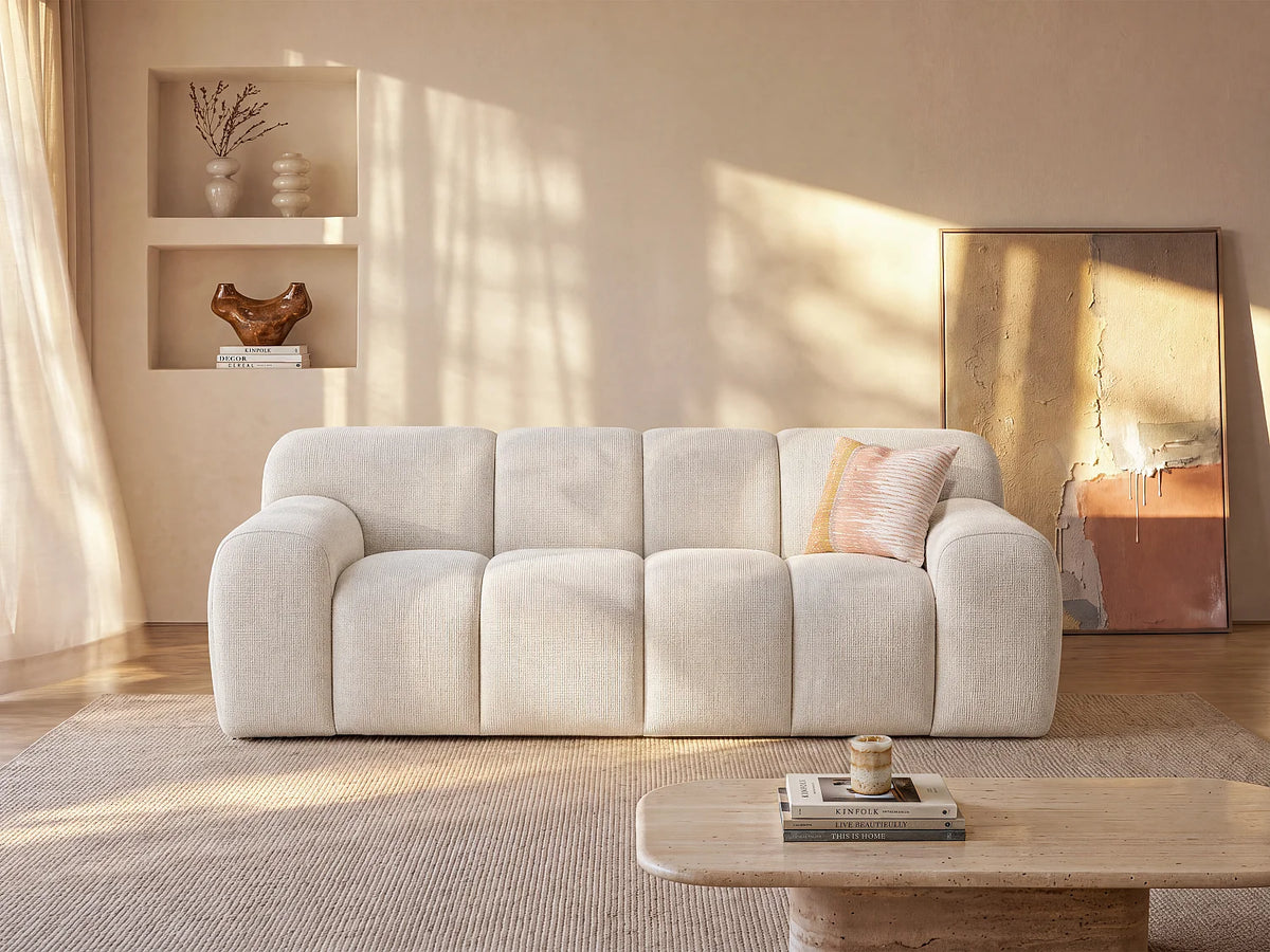 Canapé Japandi 3 places en tissu chenille beige 200 cm - Atuju