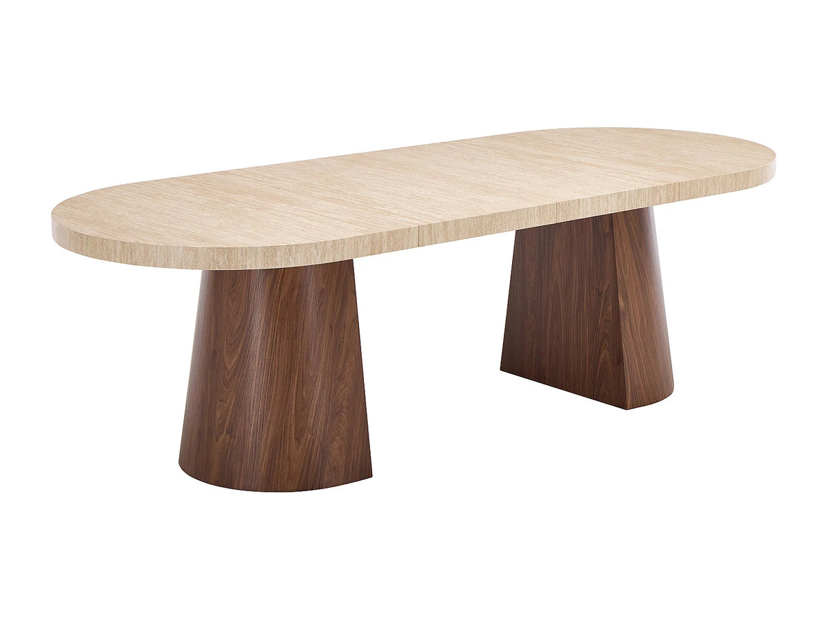 Table à manger ovale Japandi extensible 6 à 12 personnes effet travertin 150 x 100 cm - Cloeva