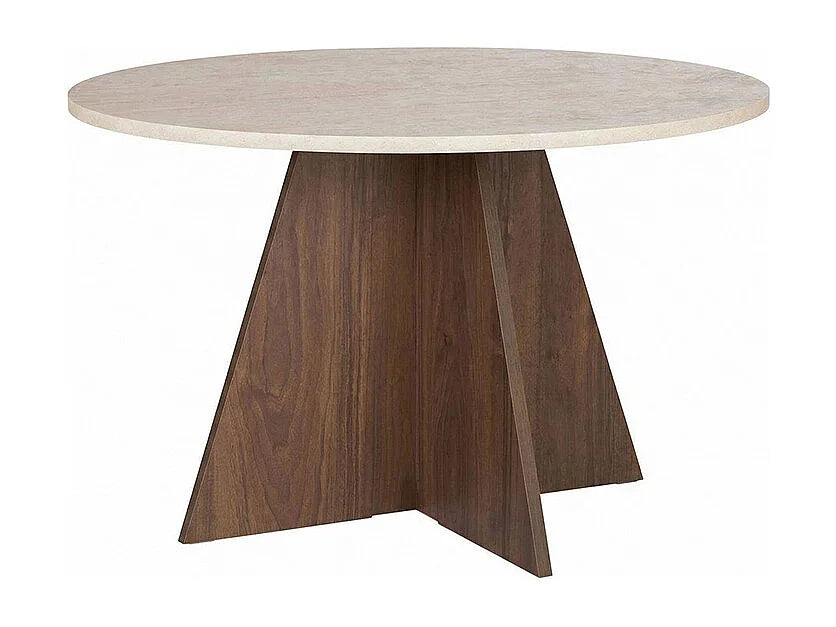 Table à manger ronde Japandi 4 personnes effet travertin beige et naturel foncé Ø 120 cm - Alveko