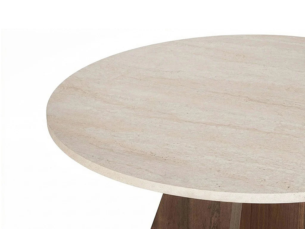 Table à manger ronde Japandi 4 personnes effet travertin beige et naturel foncé Ø 120 cm - Alveko