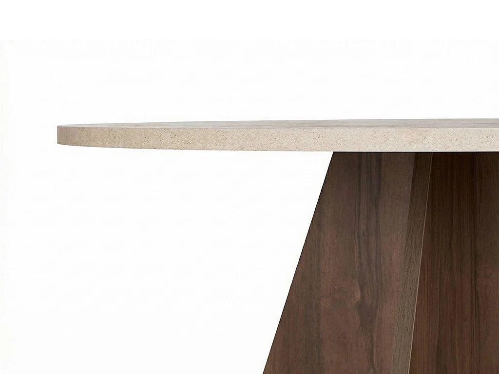 Table à manger ronde Japandi 4 personnes effet travertin beige et naturel foncé Ø 120 cm - Alveko