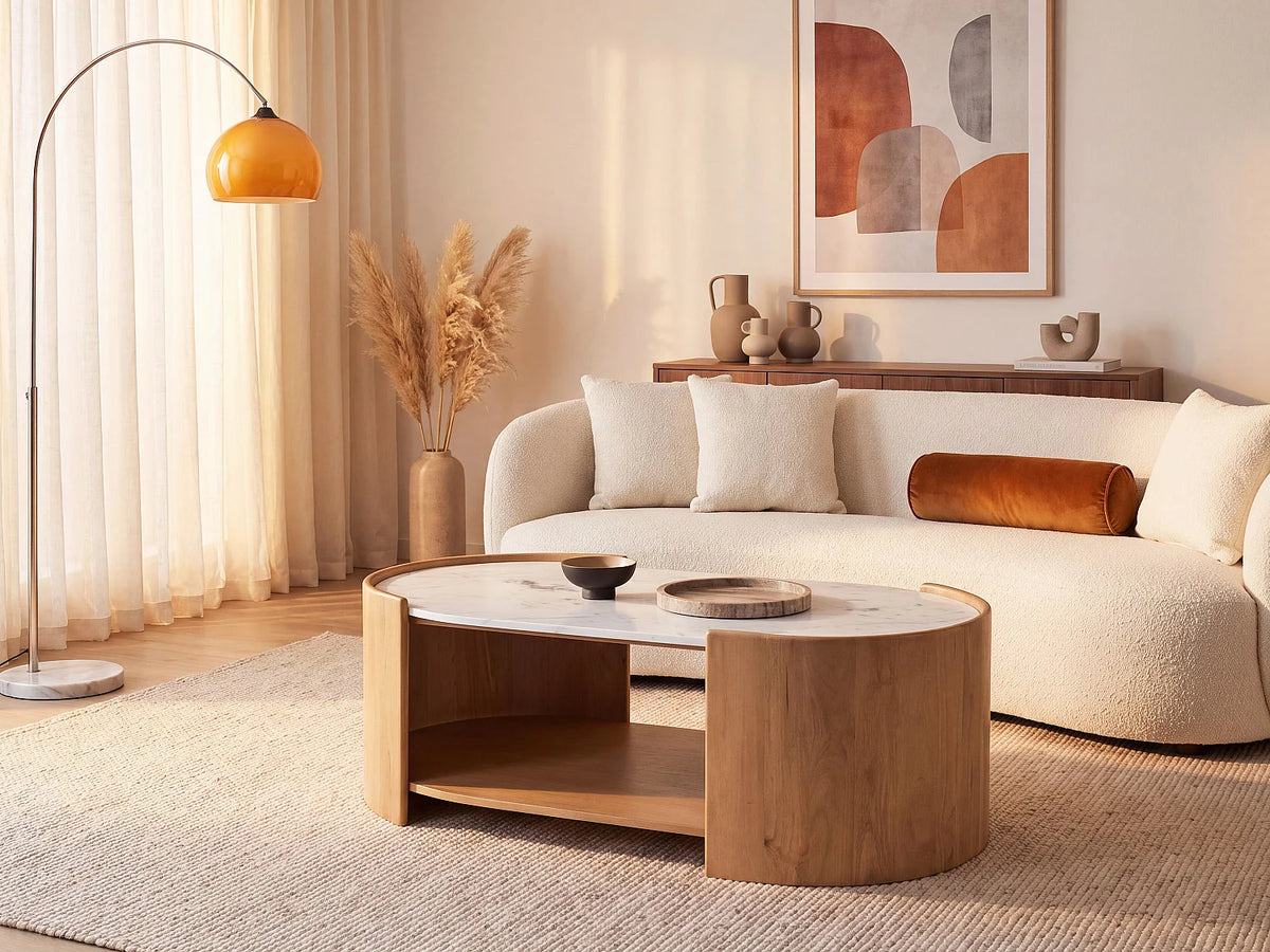 Table basse Japandi ovale avec niche en bois de manguier et marbre blanc 110 x 60 cm - Islara