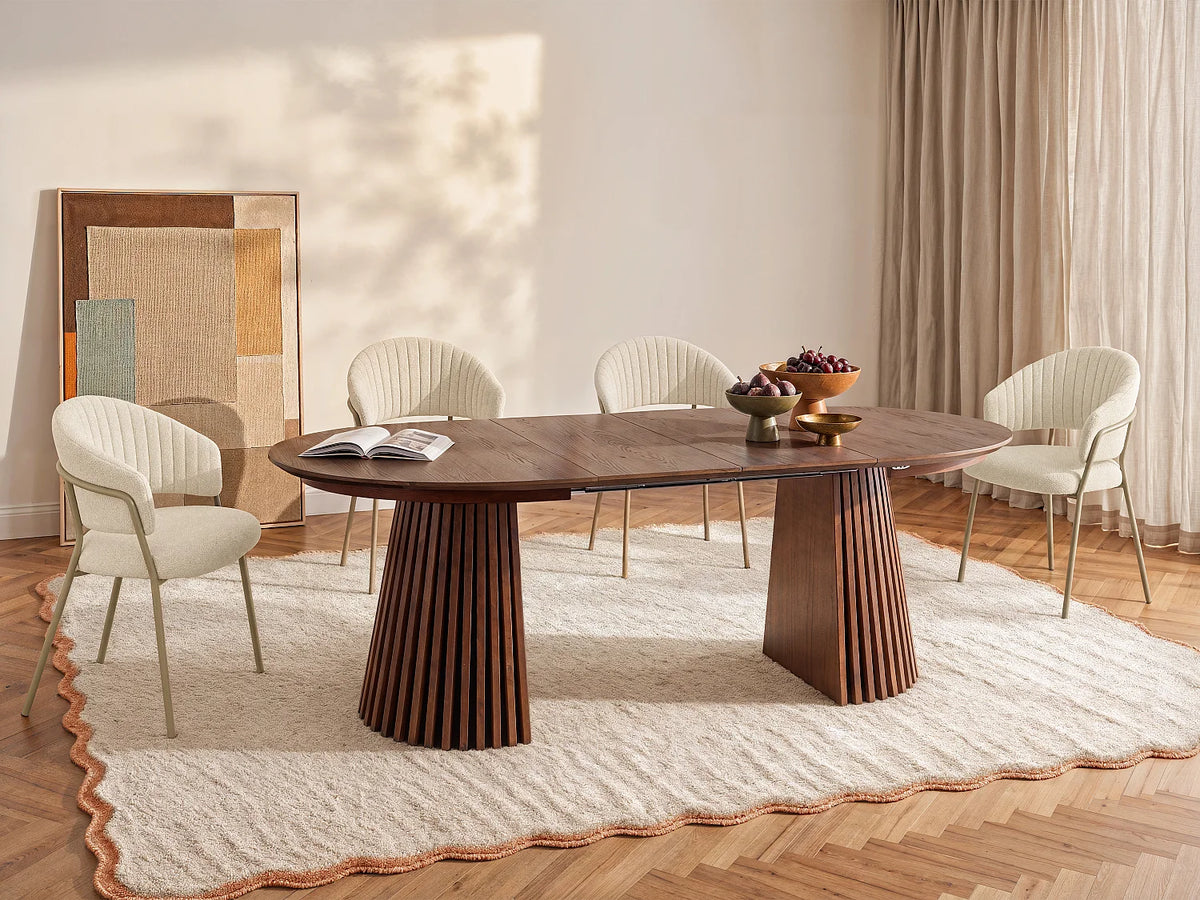 Table à manger ronde Japandi extensible 4 à 8 personnes placage chêne foncé Ø 120 cm - Carmiza