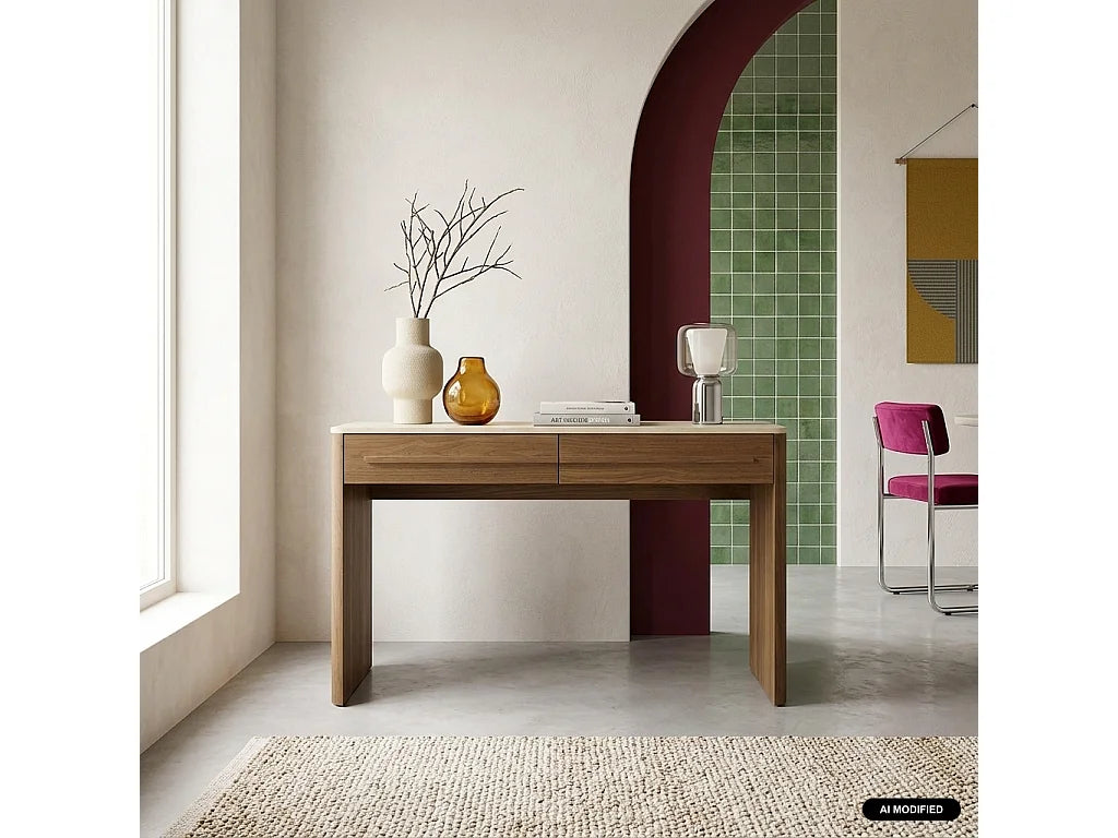 Console Japandi 2 tiroirs décor noyer et effet travertin 120 x 74 cm - Aretha