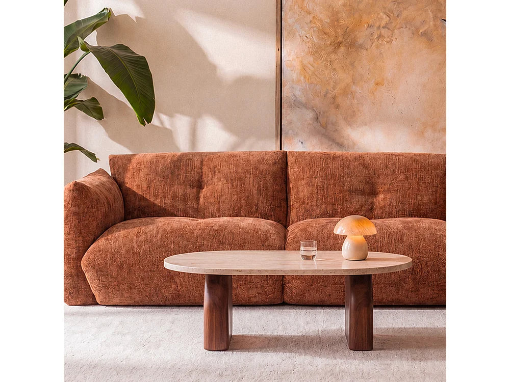Table basse Japandi effet travertin beige et pieds en acacia 100 x 60 cm - Lipali