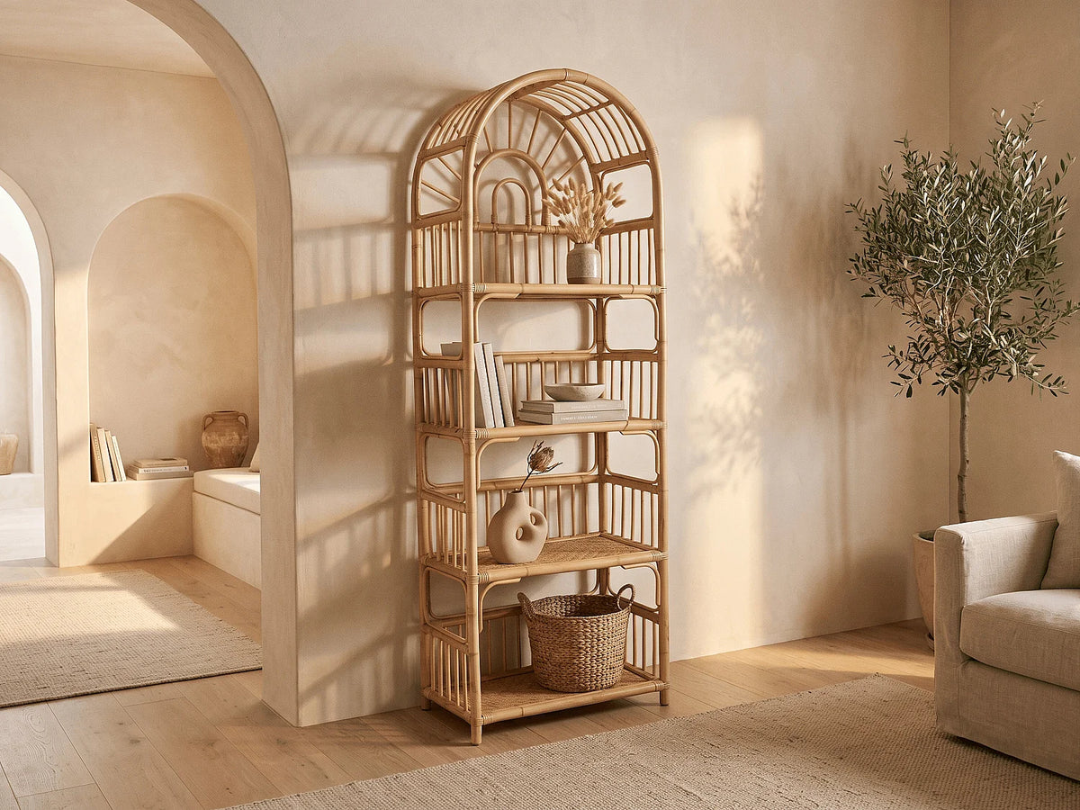 Étagère Japandi 4 tablettes en rotin tressé naturel clair 65 x 180 cm - Irisou