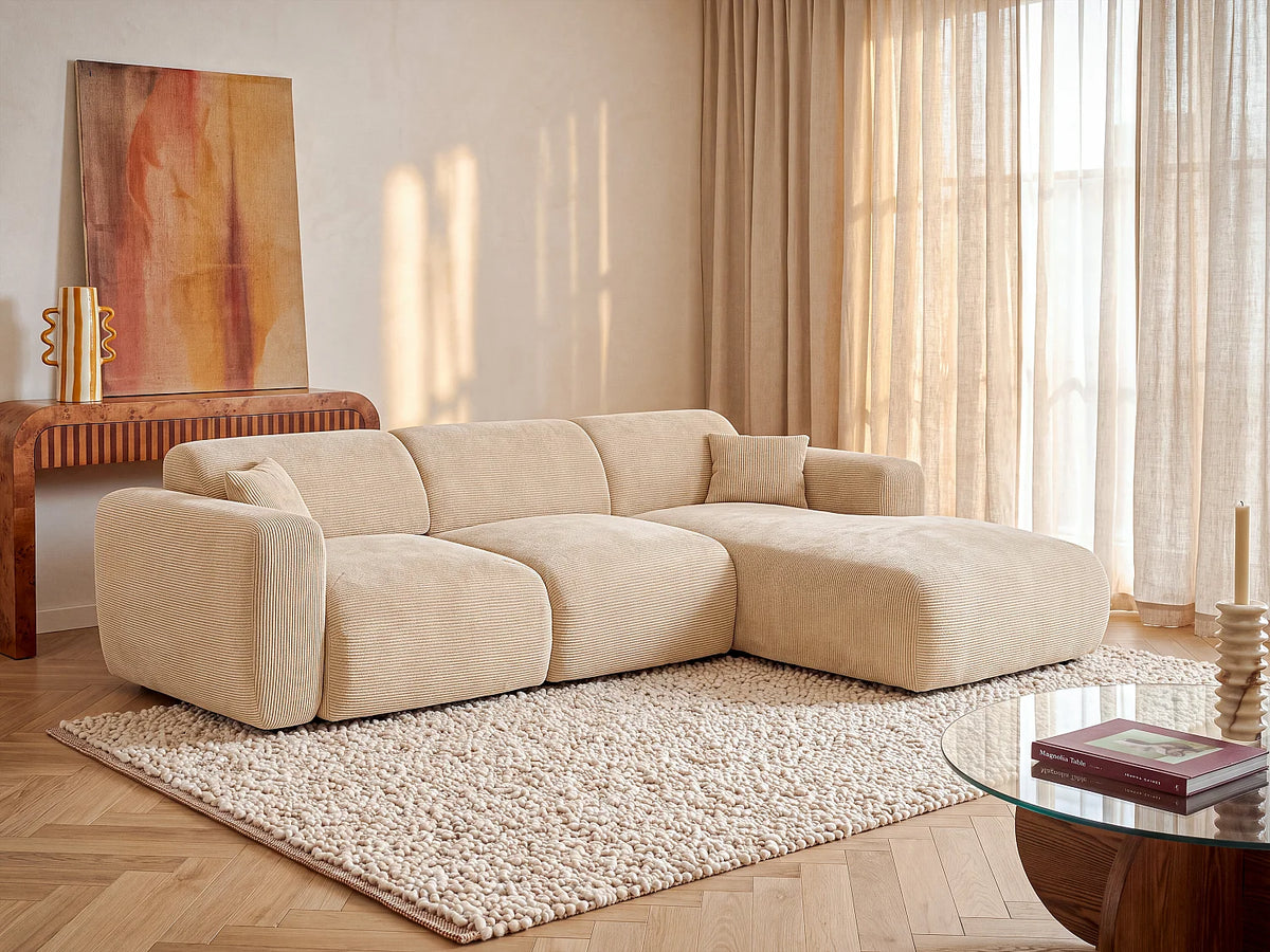 Grand canapé d'angle Japandi droit 5 places en velours côtelé fines côtes beige 280 cm - Pogni