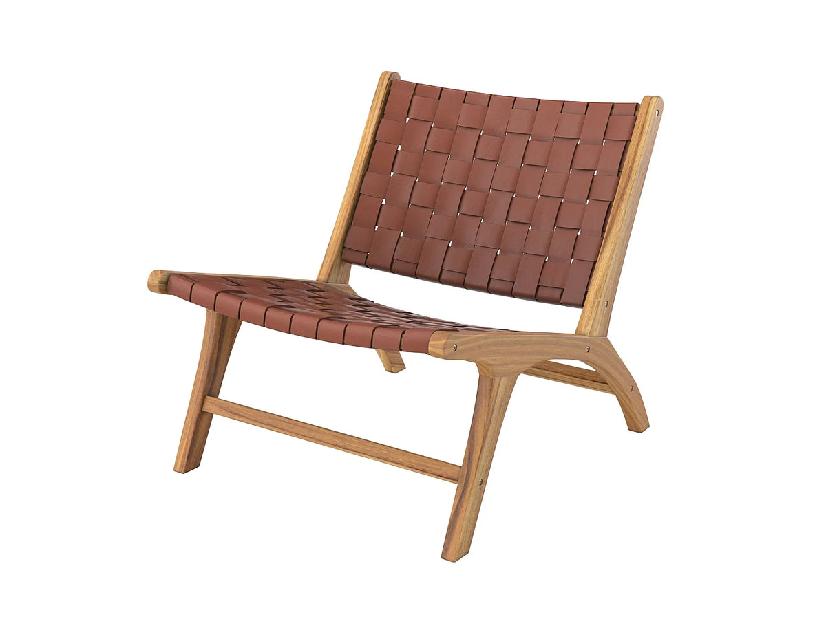 Fauteuil Japandi en bois de teck et cuir tressé marron - Kuna