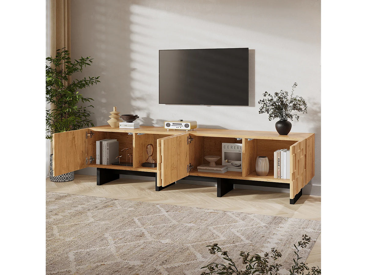 Meuble TV Japandi 4 portes motif gaufré en MDF finition bois naturel 180 x 45 cm