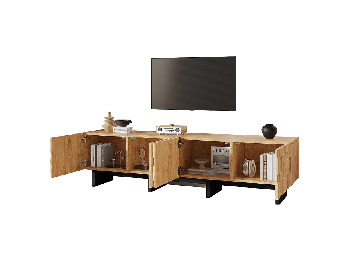 Meuble TV Japandi 4 portes motif gaufré en MDF finition bois naturel 180 x 45 cm