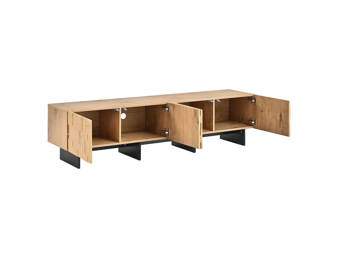 Meuble TV Japandi 4 portes motif gaufré en MDF finition bois naturel 180 x 45 cm