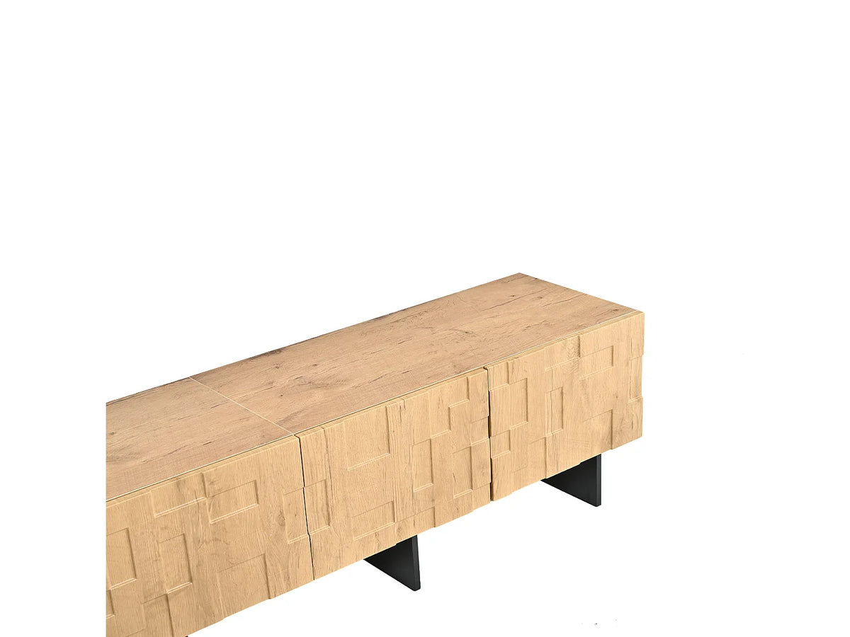 Meuble TV Japandi 4 portes motif gaufré en MDF finition bois naturel 180 x 45 cm