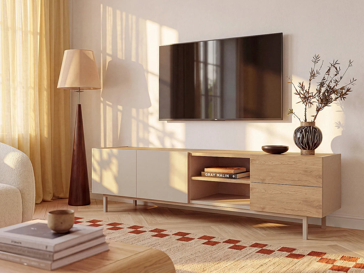 Meuble TV Japandi 2 portes 2 tiroirs et 2 niches beige et naturel clair 180 x 48,5 cm - Reyala