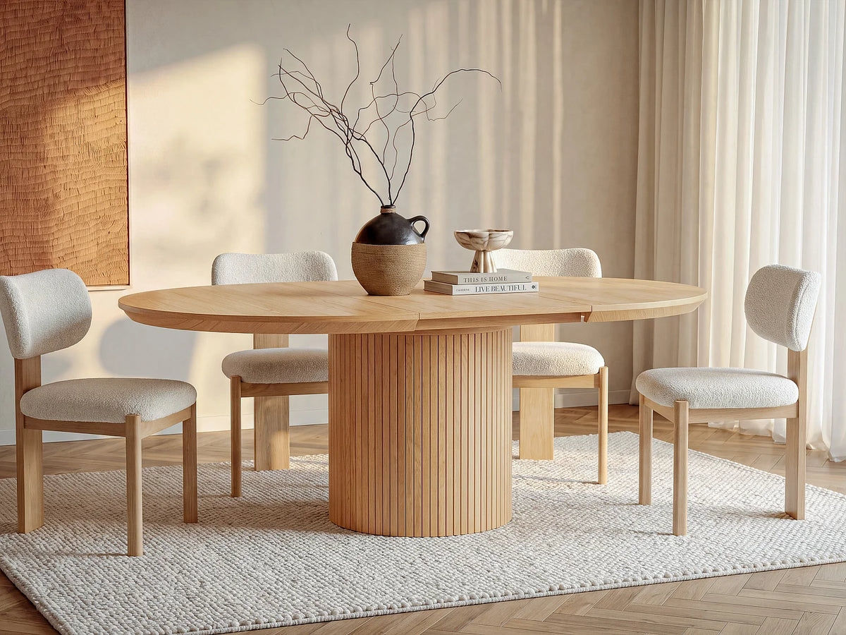 Table à manger ronde Japandi extensible 4 à 6 personnes placage chêne clair Ø 130 cm - Mayeza