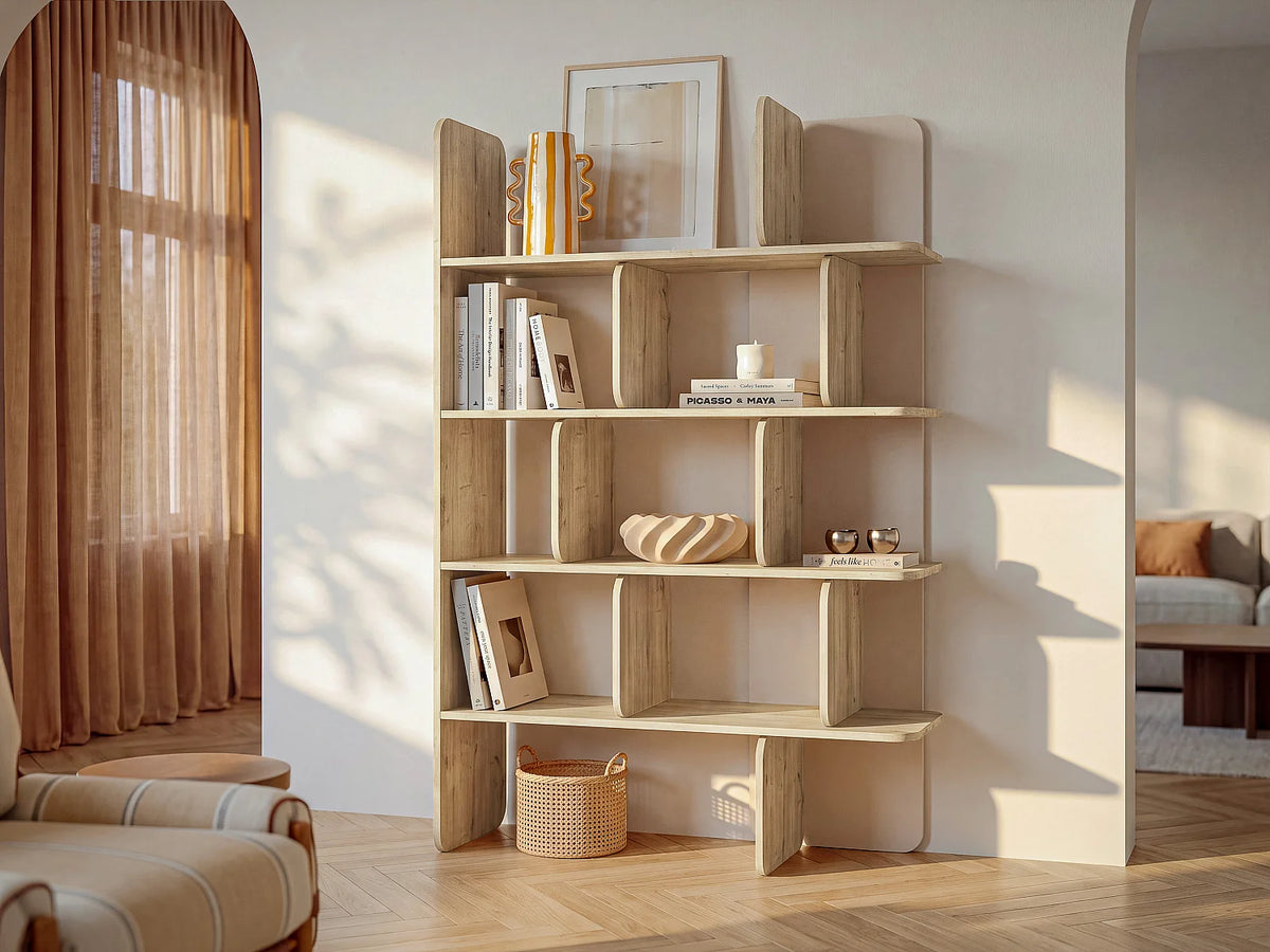 Étagère murale Japandi 4 tablettes naturel clair et beige 121,8 x 180 cm - Minalva