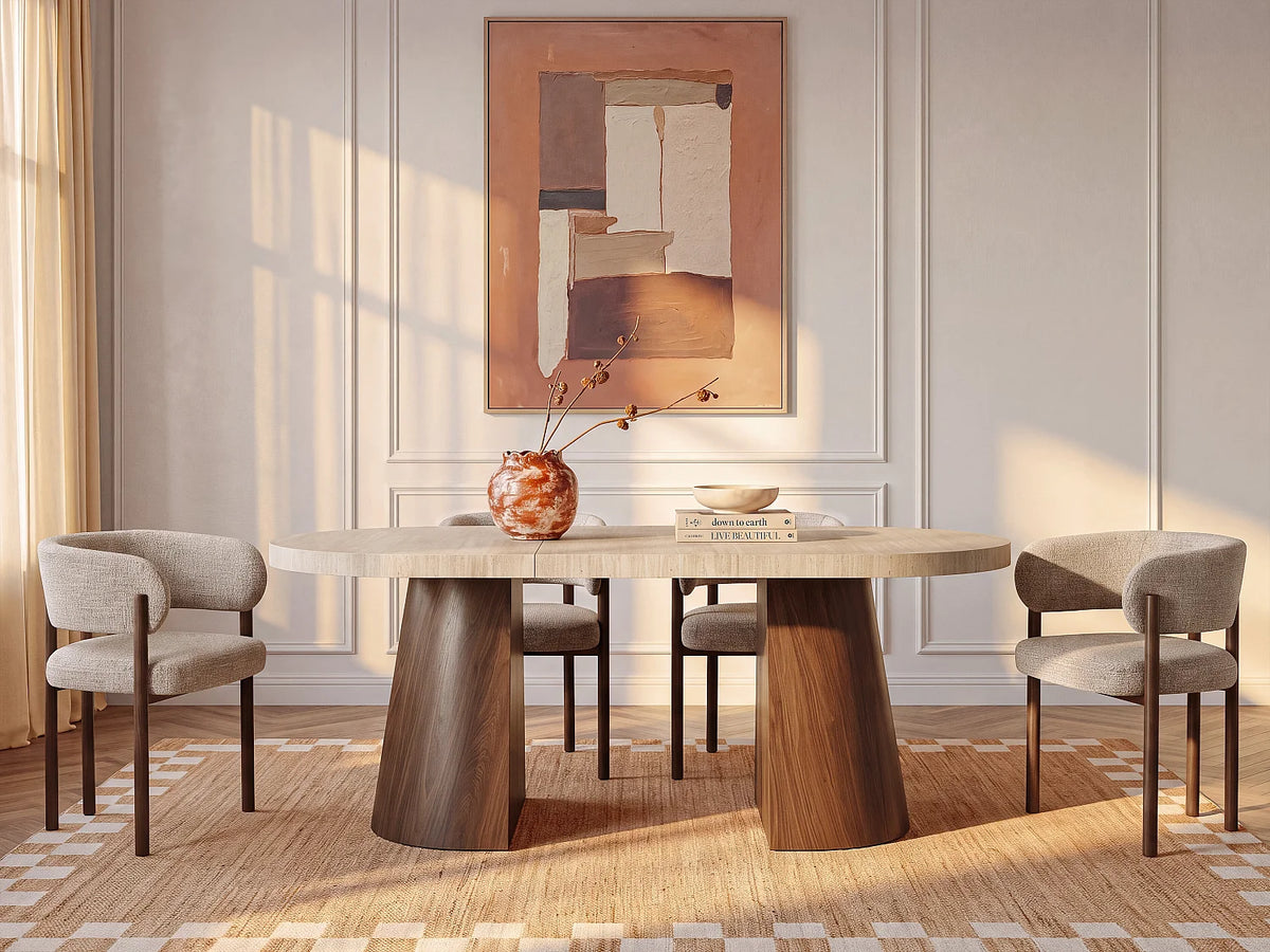 Table à manger ovale Japandi extensible 6 à 12 personnes effet travertin 150 x 100 cm - Cloeva